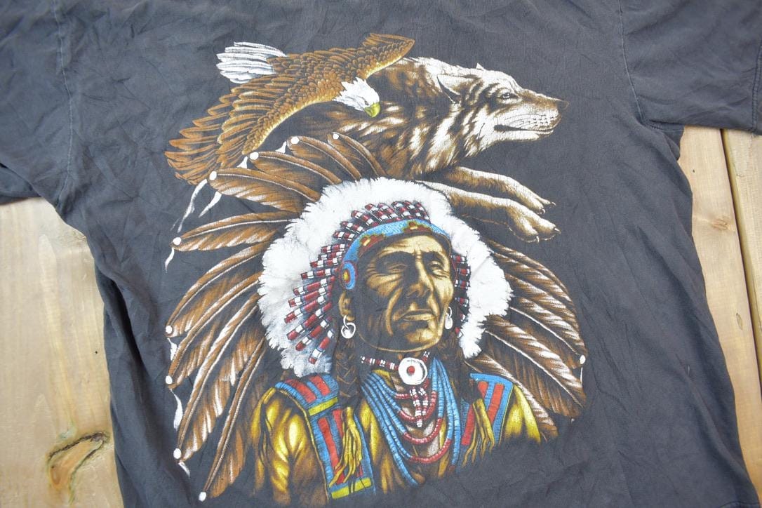 Vintage 1990s Native American Graphic T Shirt Men's Medium - Image 3