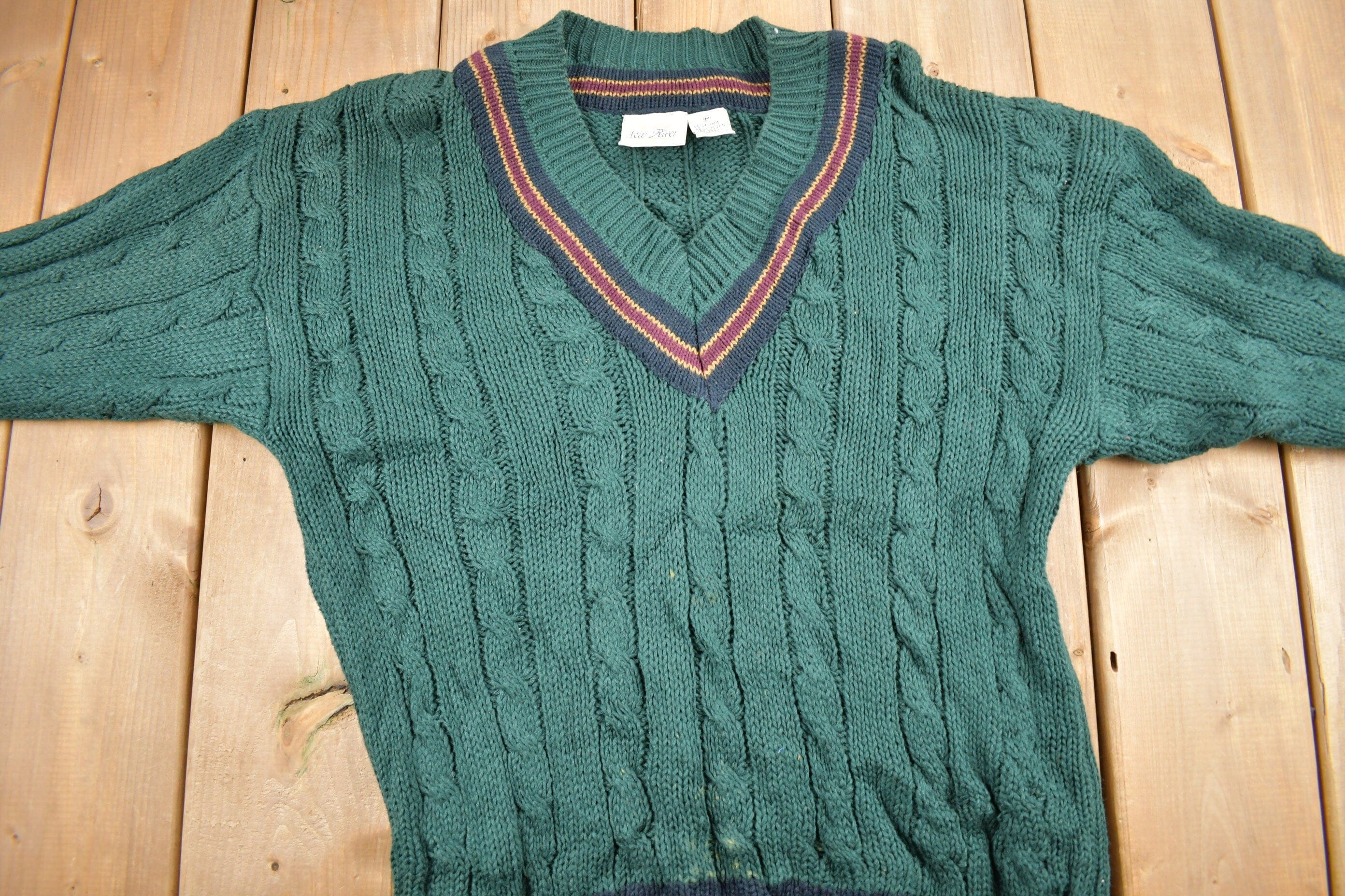 Vintage 1990s New River Knitted V-Neck Colligate Sweater Men's Medium - Image 3