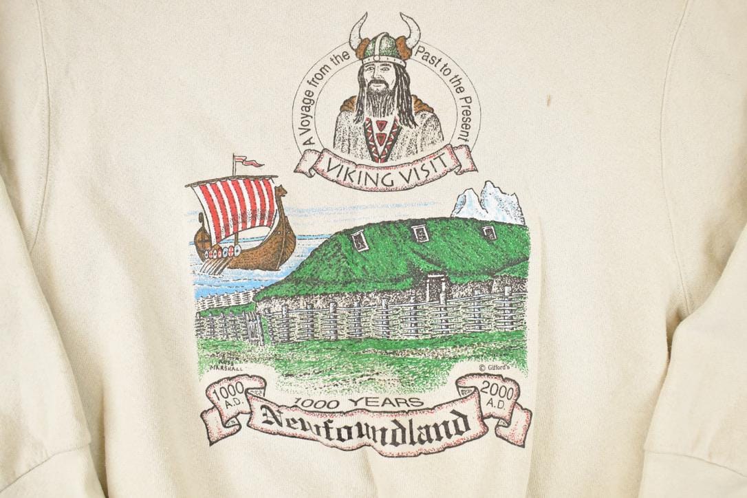 Vintage 1990s Newfoundland Viking Graphic Print Crewneck Sweatshirt Men's M - Image 3