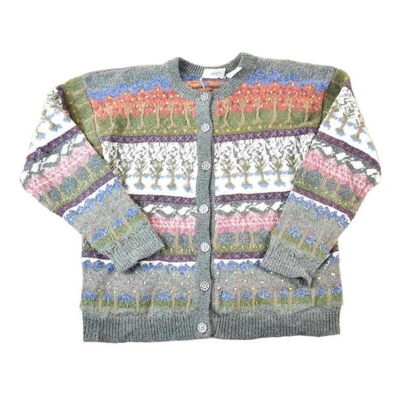 Vintage 1990s Northern Reflections AOP Wool Knit Abstract Pattern Cardigan Sweater Women's L