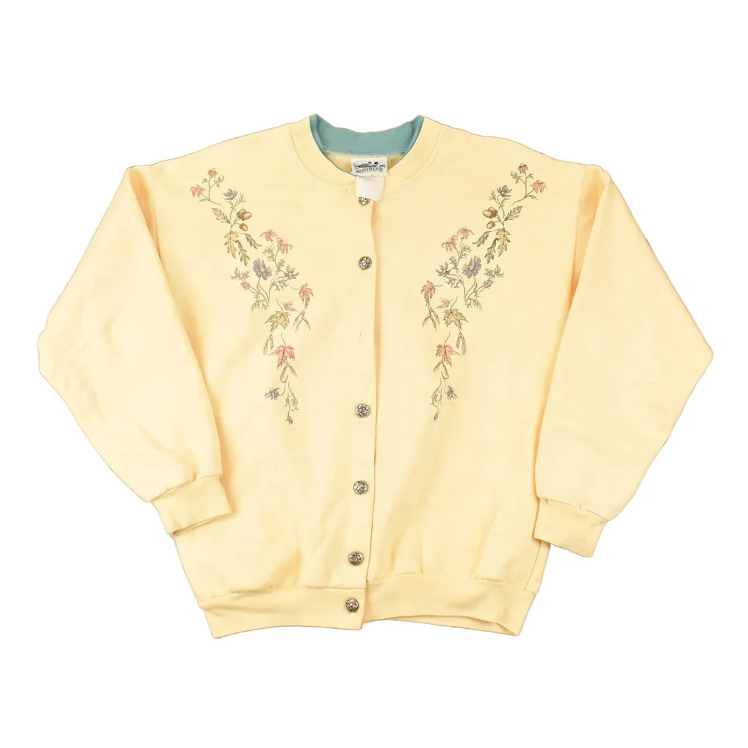 Vintage 1990s Northern Reflections Floral Graphic Print Button Up Double Collar Crewneck Sweatshirt Womens L