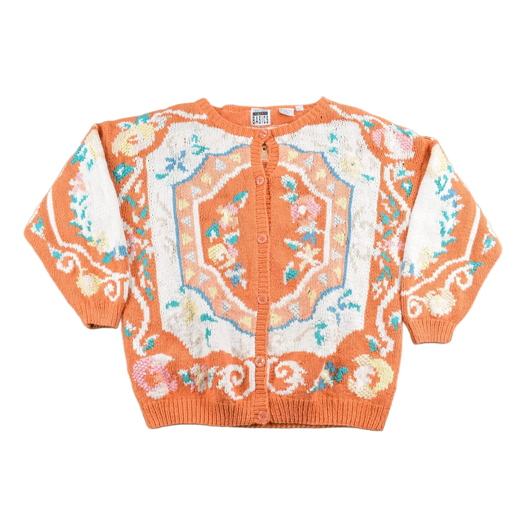 Vintage 1990s Orange Abstract Pattern Cardigan Sweater Women's S