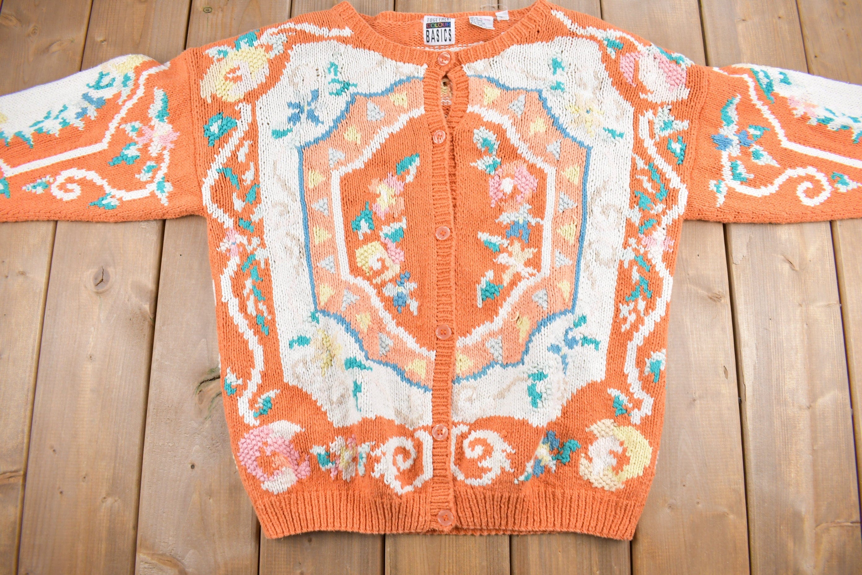 Vintage 1990s Orange Abstract Pattern Cardigan Sweater Women's S - Image 3