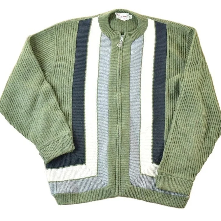 Vintage 1990s Orlon Canvas Knit Striped Zip Up Cardigan Sweater Mens L