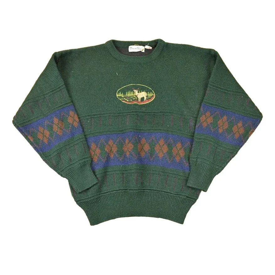Vintage 1990s Oscar De La Renta Outdoorsman Deer Knit Crewneck Sweater Mens L