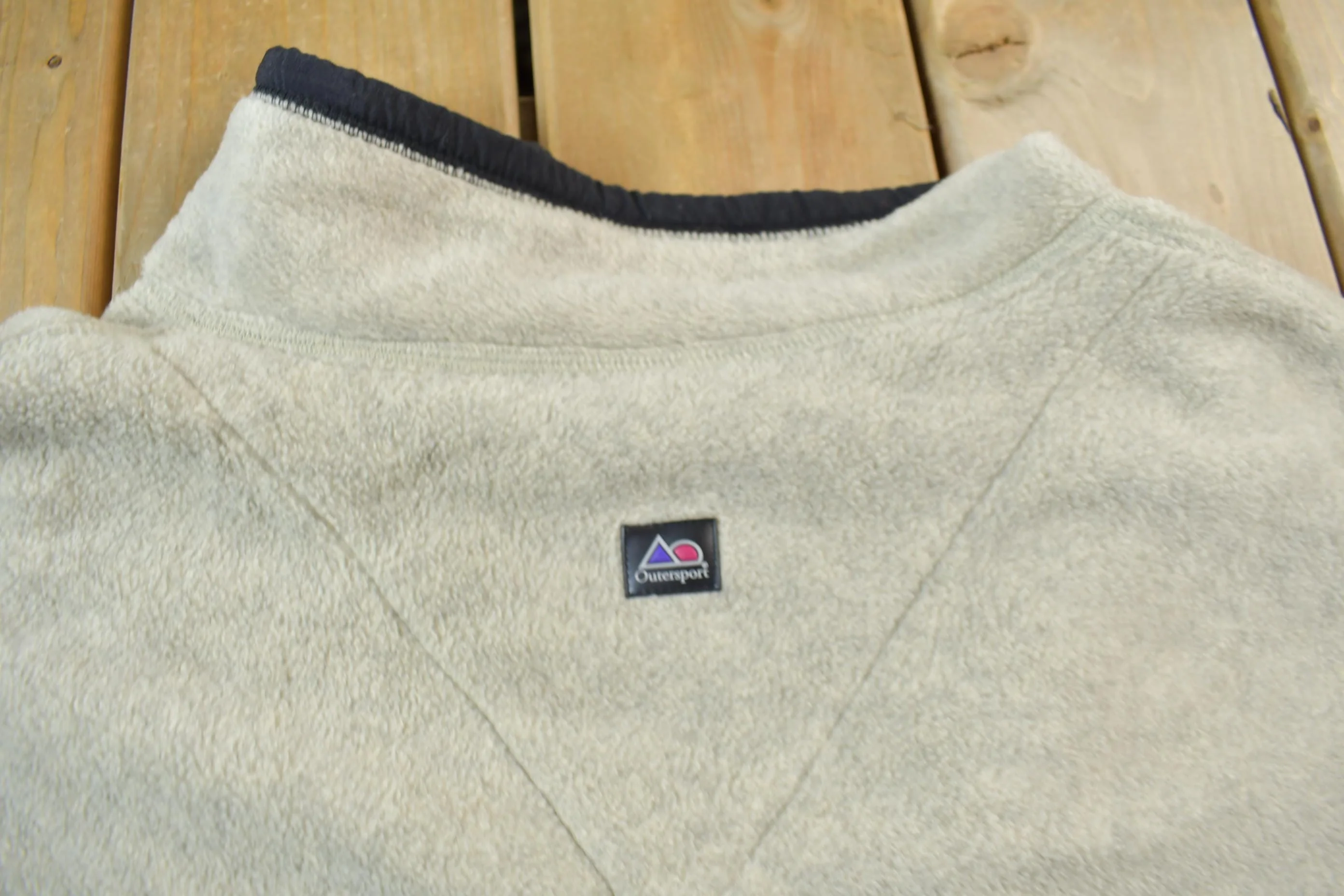 Vintage 1990s Outersport Zip Up Beige Fleece Sweater Men's L - Image 8