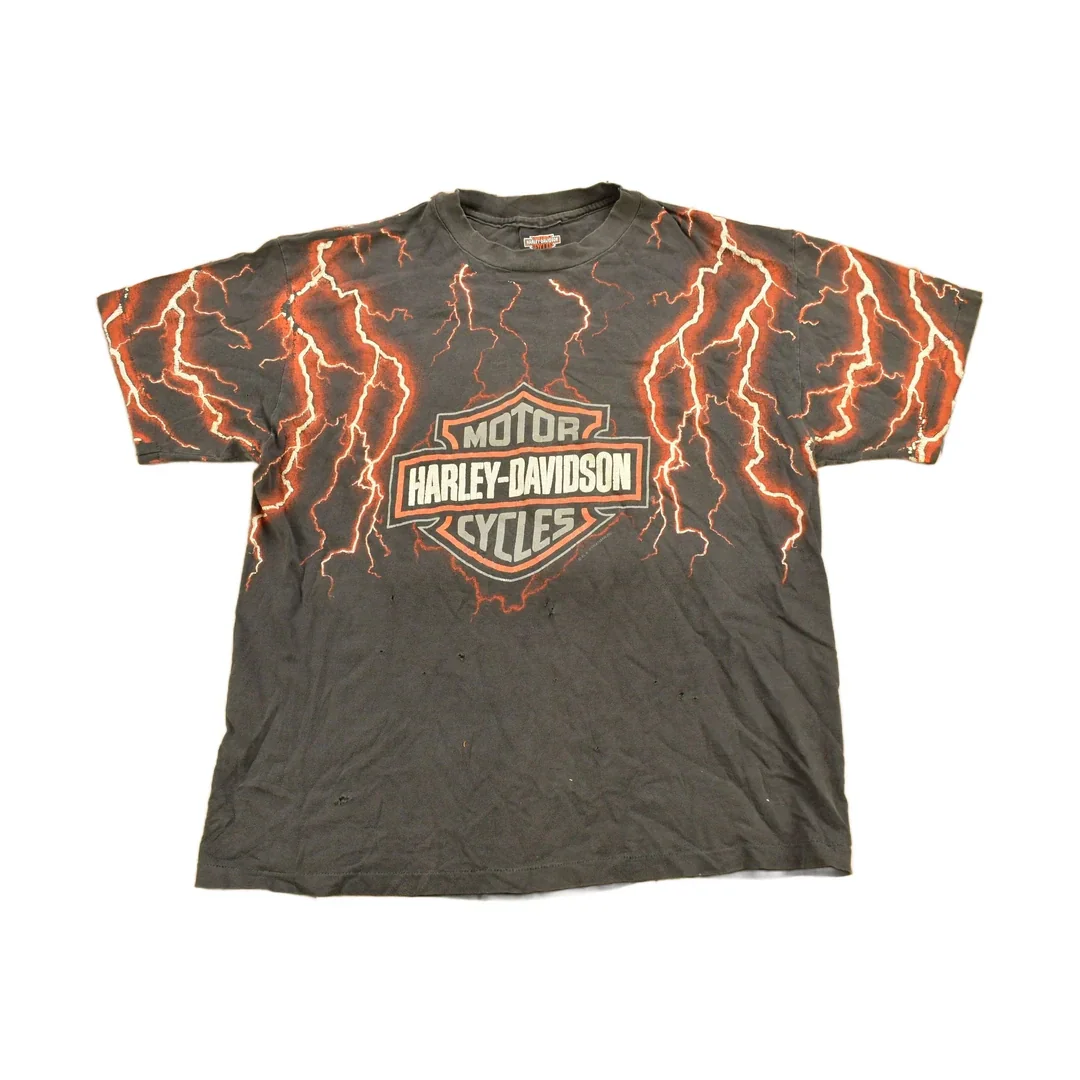 Vintage 1990s Pierce Harley Davidson De Kalb Illinois Lightning Graphic T-Shirt Men's Large