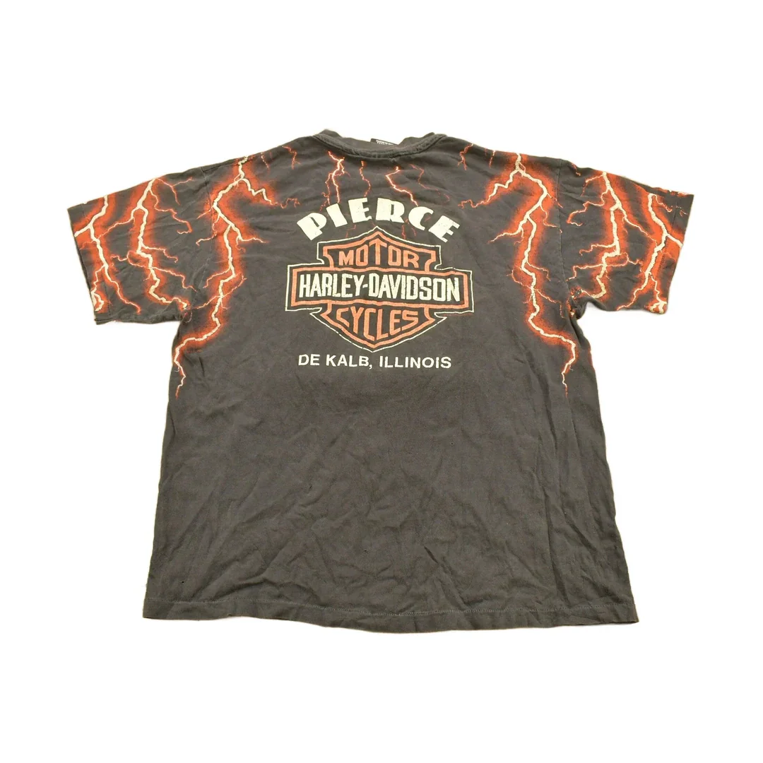 Vintage 1990s Pierce Harley Davidson De Kalb Illinois Lightning Graphic T-Shirt Men's Large - Image 2