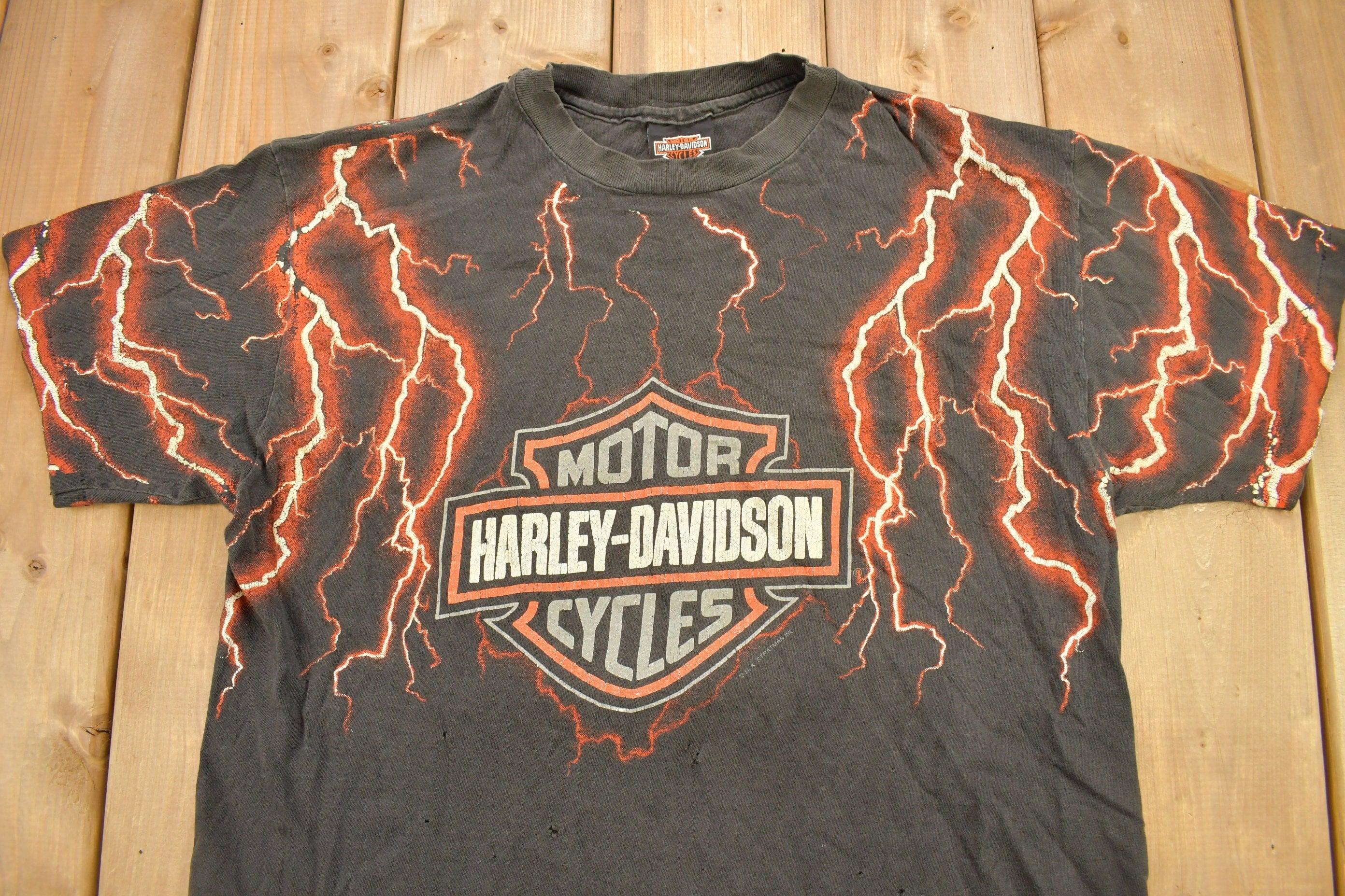 Vintage 1990s Pierce Harley Davidson De Kalb Illinois Lightning Graphic T-Shirt Men's Large - Image 3