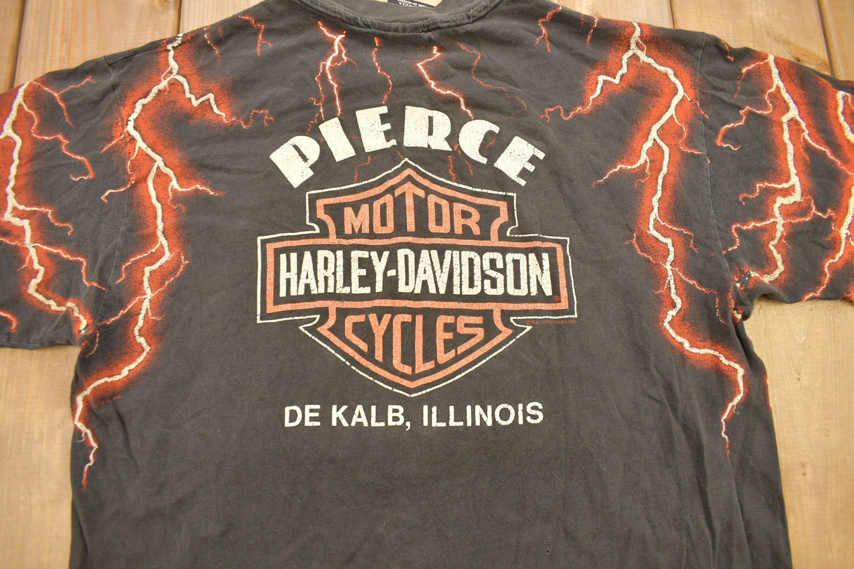 Vintage 1990s Pierce Harley Davidson De Kalb Illinois Lightning Graphic T-Shirt Men's Large - Image 4