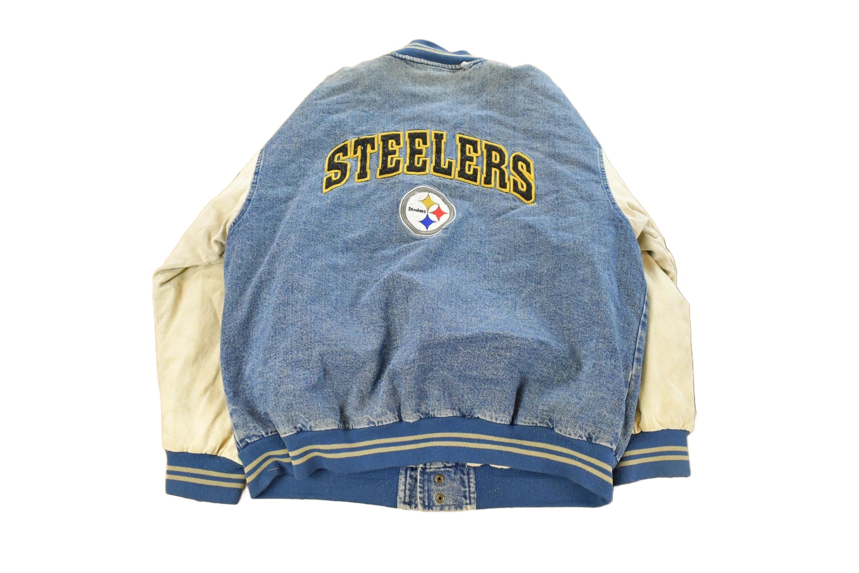 Vintage 1990s Pittsburgh Steelers Denim Varsity Jacket Men's XL - Image 2