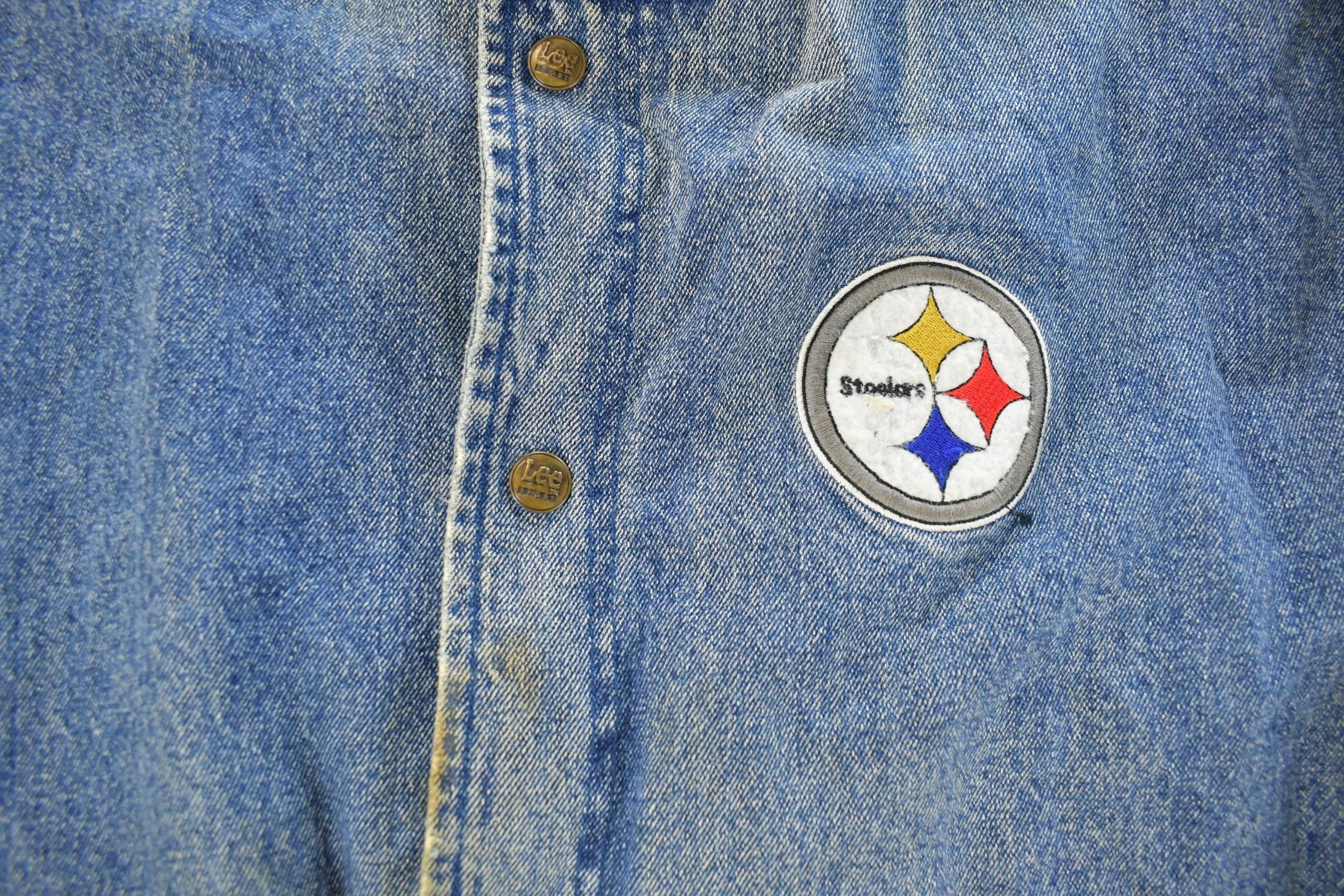 Vintage 1990s Pittsburgh Steelers Denim Varsity Jacket Men's XL - Image 6
