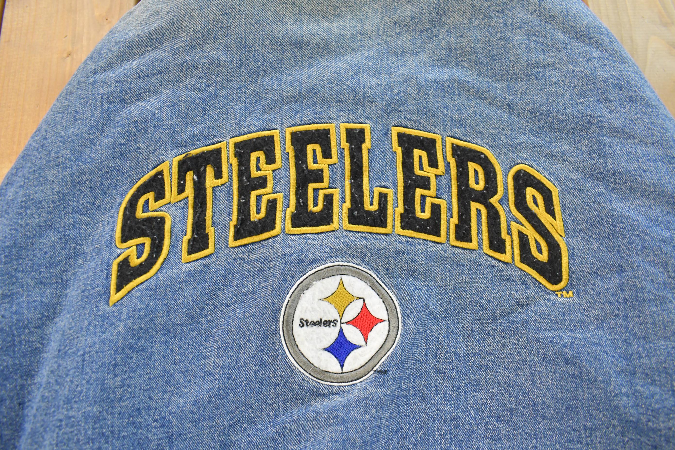 Vintage 1990s Pittsburgh Steelers Denim Varsity Jacket Men's XL - Image 8