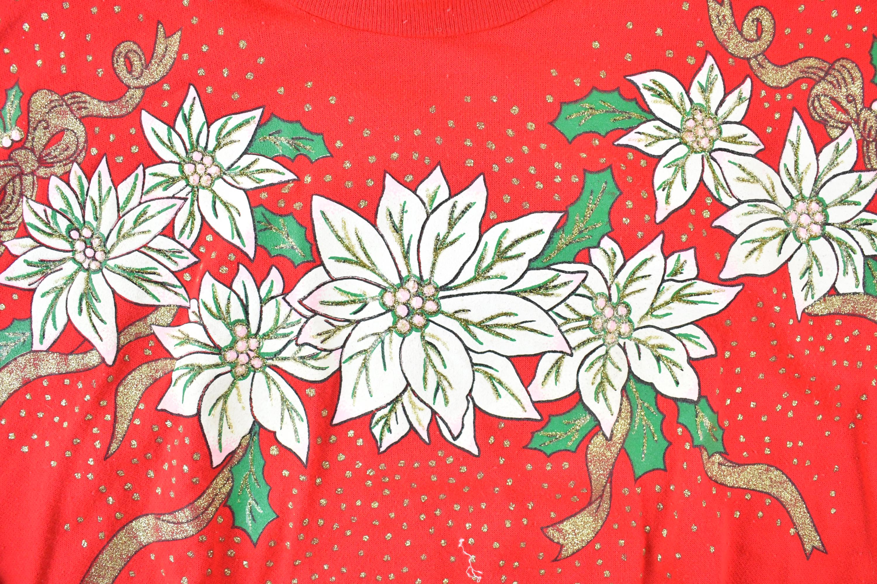 Vintage 1990s Poinsettia AOP Cute Crewneck Christmas Sweater Men's XL - Image 4
