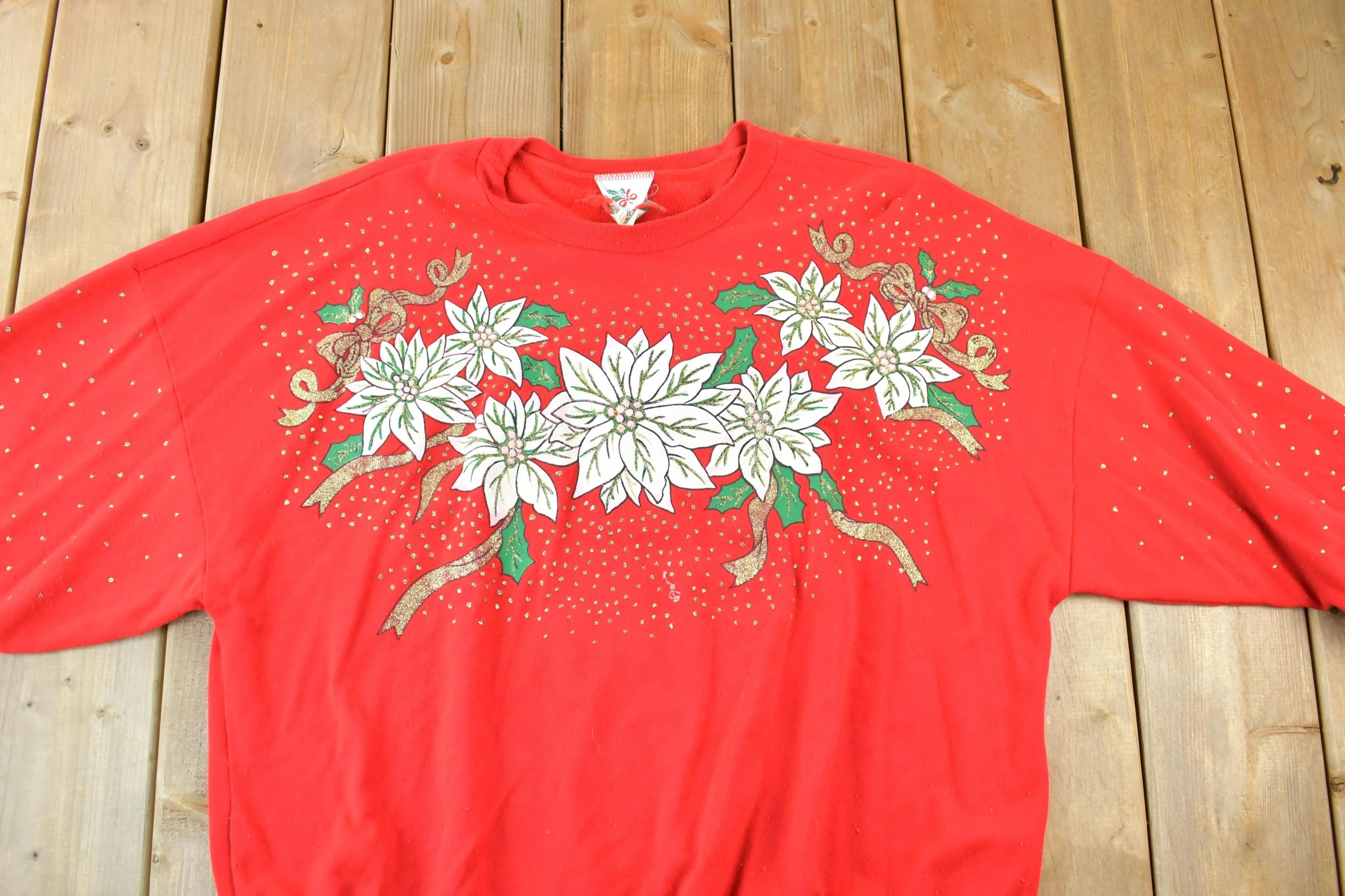 Vintage 1990s Poinsettia AOP Cute Crewneck Christmas Sweater Men's XL - Image 6