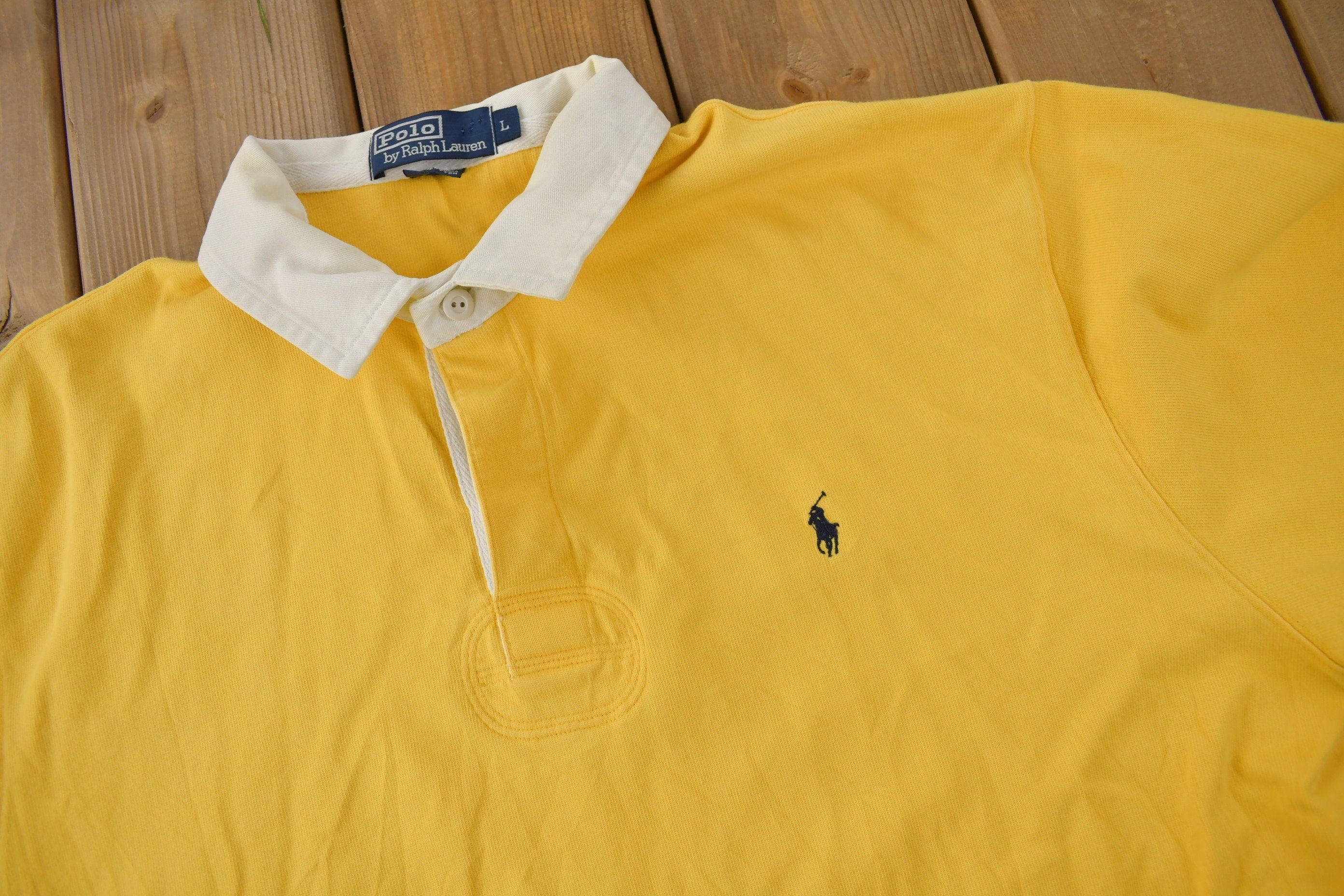 Vintage 1990s Polo By Ralph Lauren Embroidered Small Pony Rugby Sweater Men's Large - Image 3