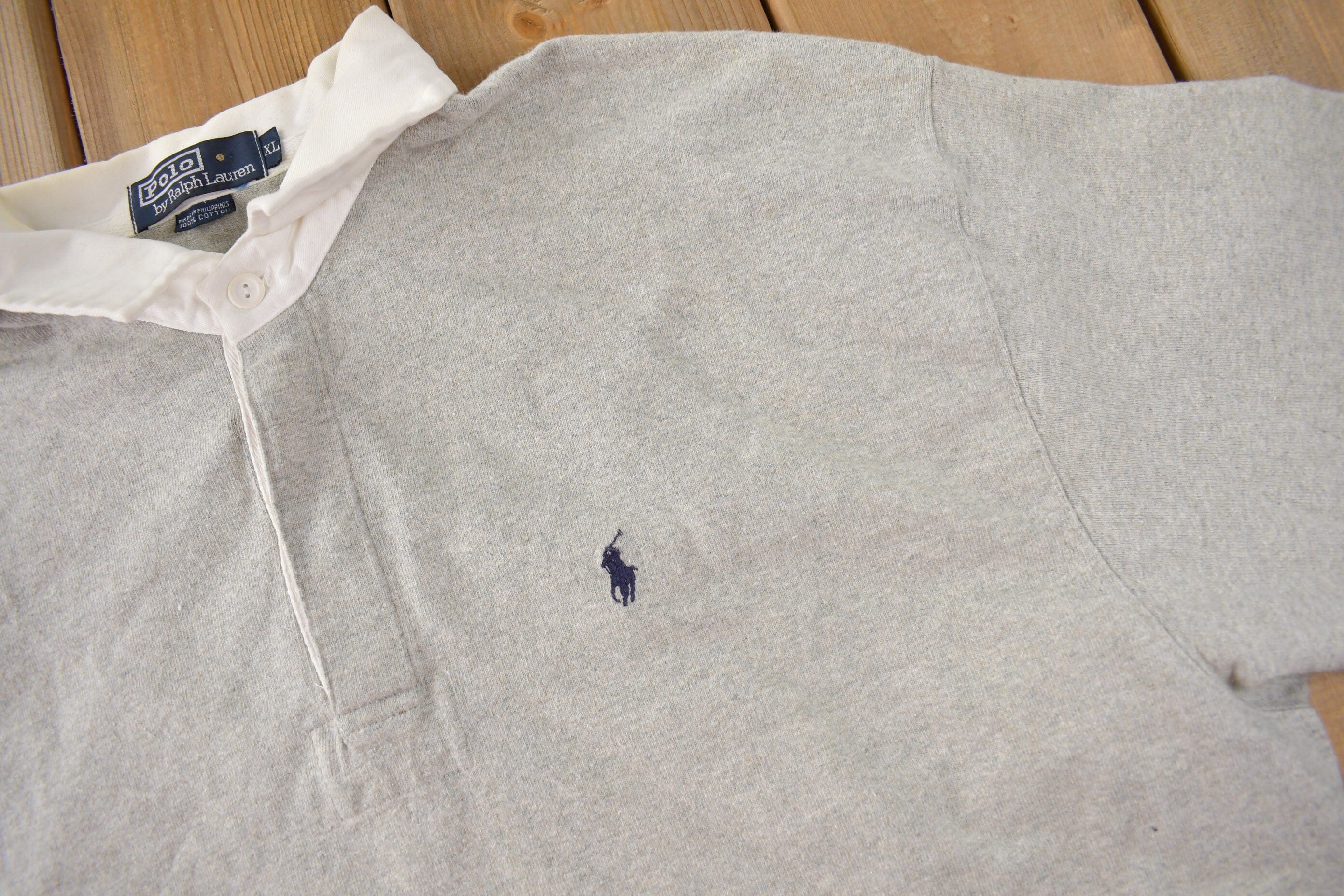 Vintage 1990s Polo By Ralph Lauren Embroidered Small Pony Rugby Sweater Men's XL - Image 3