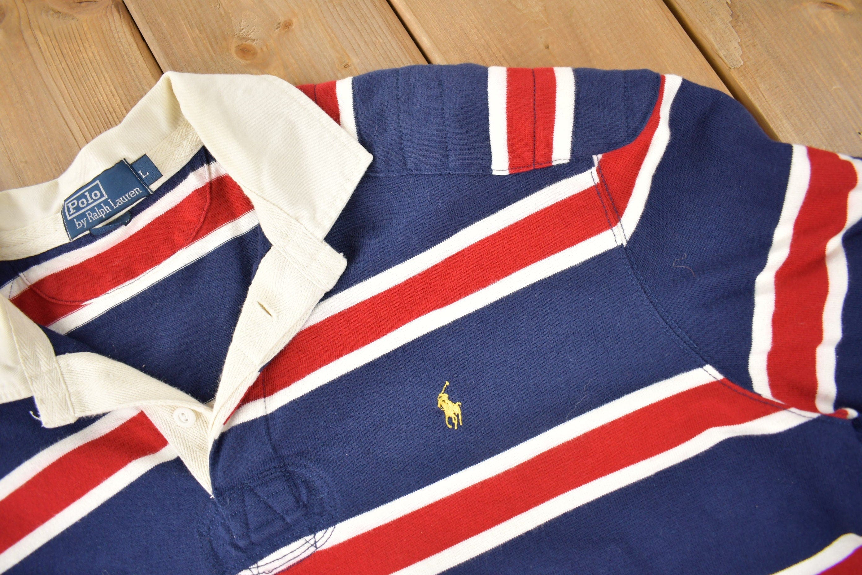 Vintage 1990s Polo By Ralph Lauren Embroidered Small Pony Striped Rugby Sweater Men's Large - Image 3