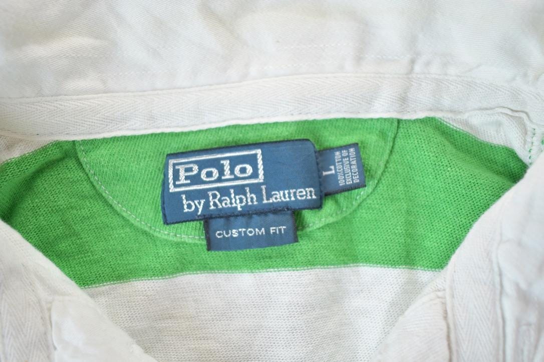 Vintage 1990s Polo By Ralph Lauren Rugby Style Striped Button Up Shirt Men's Large - Image 4