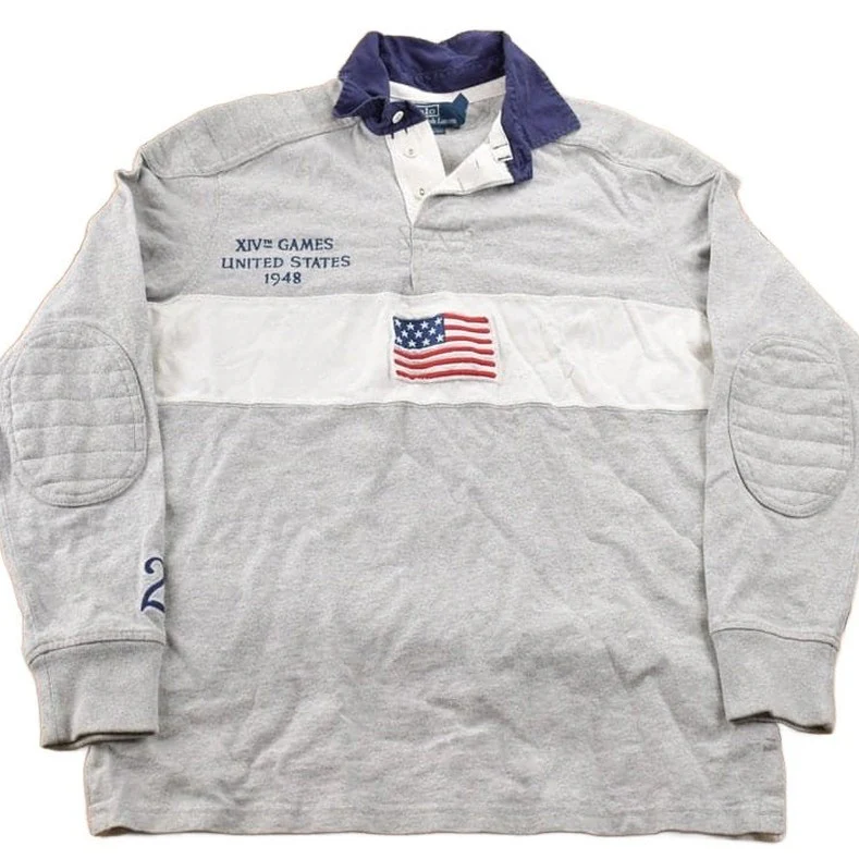 Vintage 1990s Polo Ralph Lauren USA Flag Embroidered Rugby Sweatshirt Men's Medium