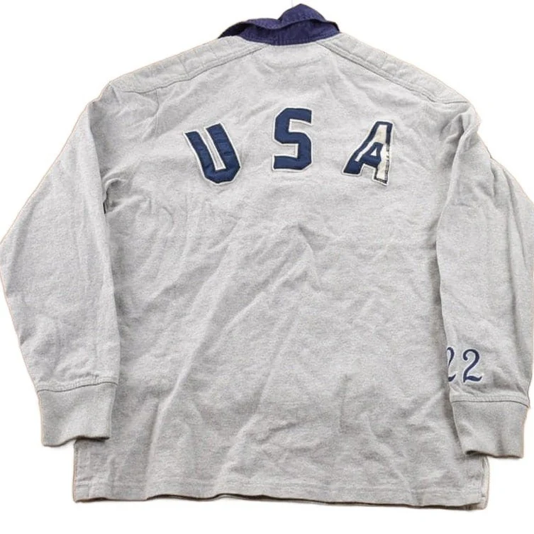 Vintage 1990s Polo Ralph Lauren USA Flag Embroidered Rugby Sweatshirt Men's Medium - Image 2
