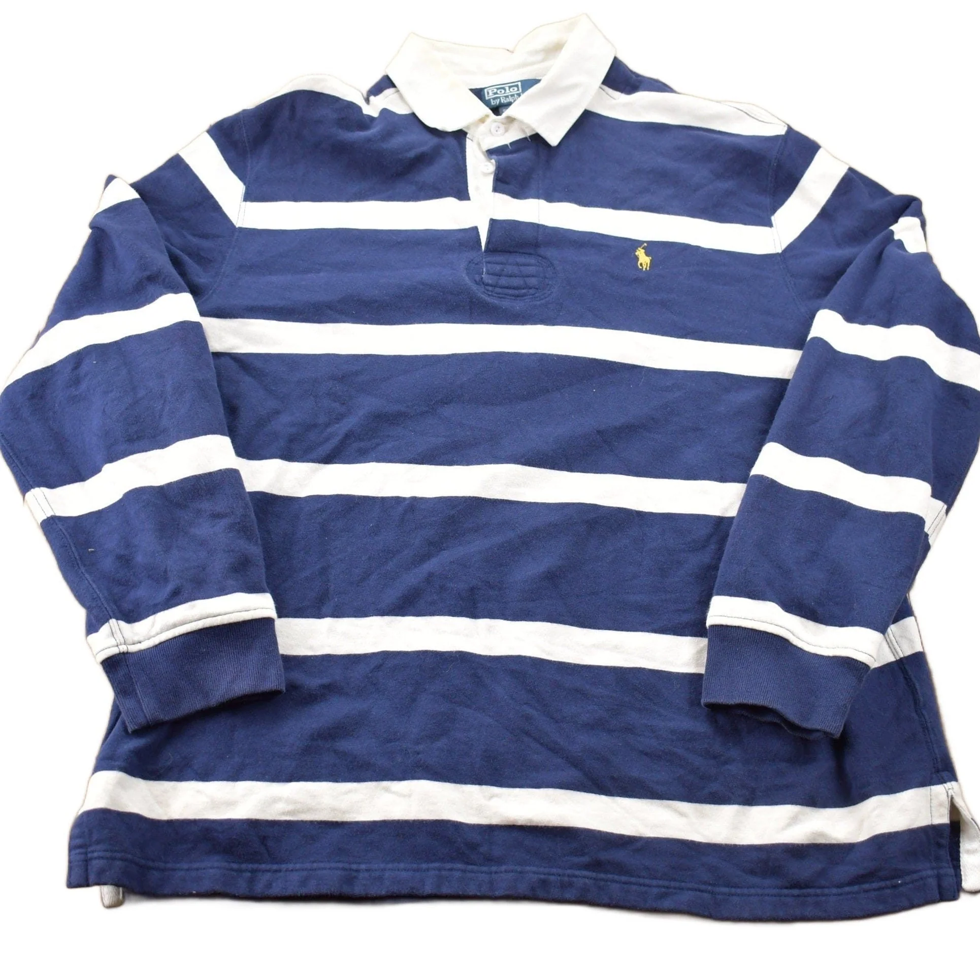 Vintage 1990s Polo Ralph Lauren Yellow Horse Stripped Embroidered Rugby Sweatshirt Men's 2XL