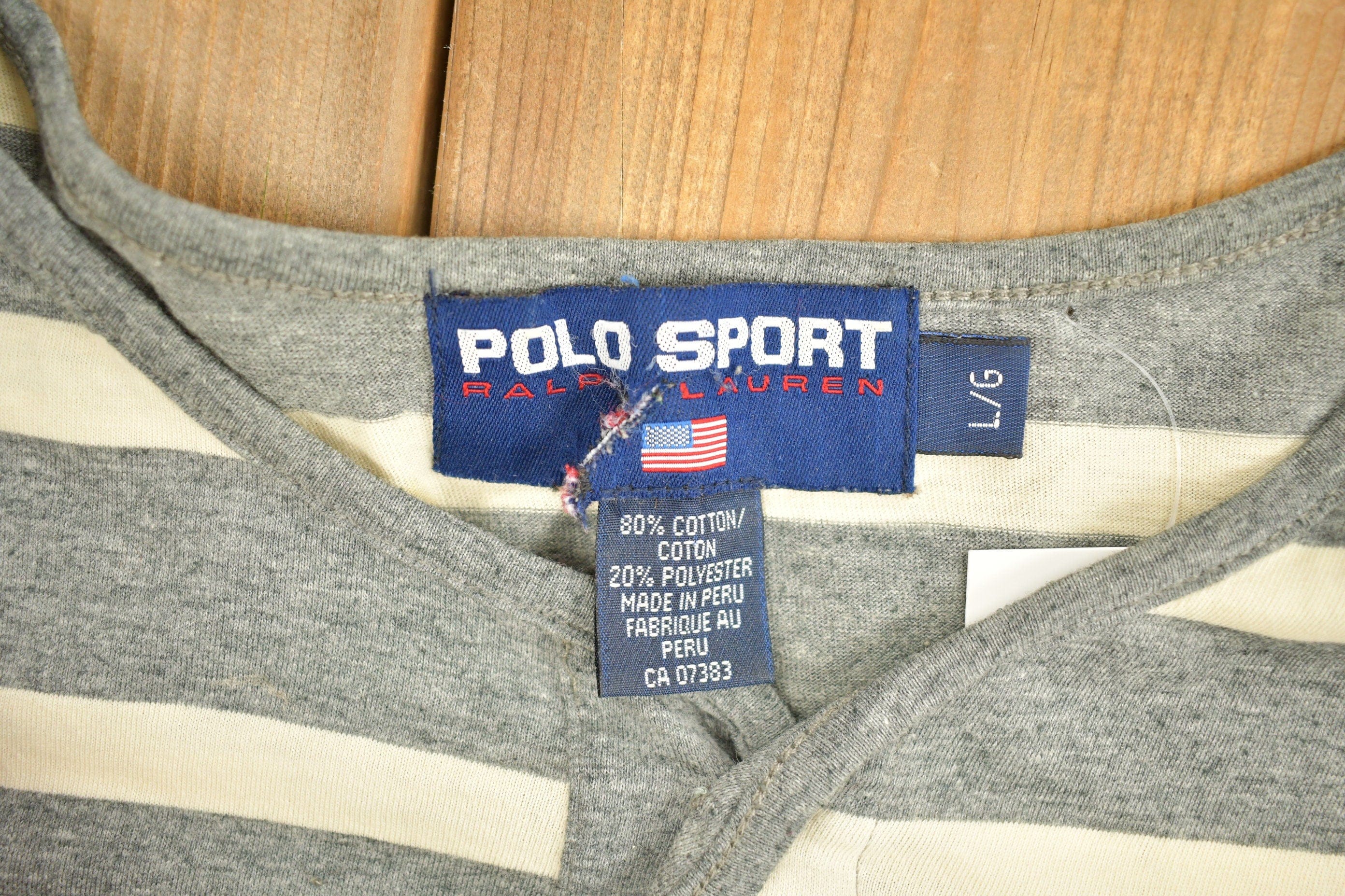 Vintage 1990s Polo Sport Ralph Lauren Striped Henley T-Shirt Men's Large - Image 4