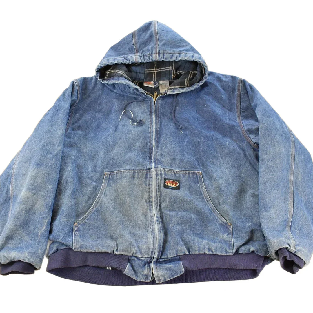 Vintage 1990s Rasco Denim Plaid Lined Fire Resistant Hooded Jacket Men's 2XL
