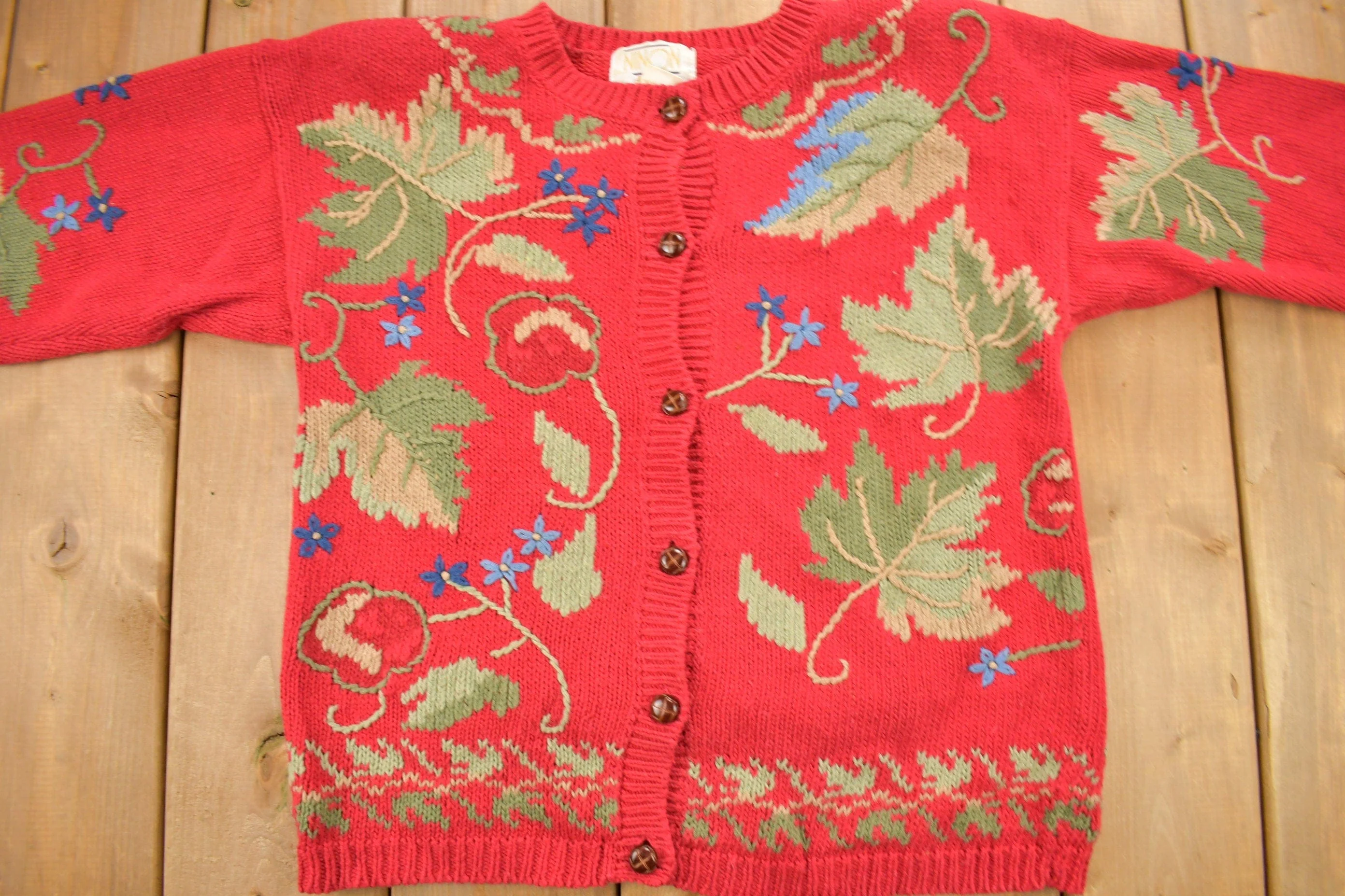 Vintage 1990s Red Floral Theme Embroidered Knit Cardigan Sweater Women's M - Image 3