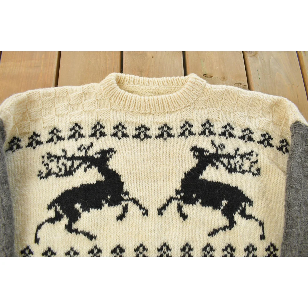 Vintage 1990s Reindeer Wool Knit Crewneck Sweater Men's Large - Image 3