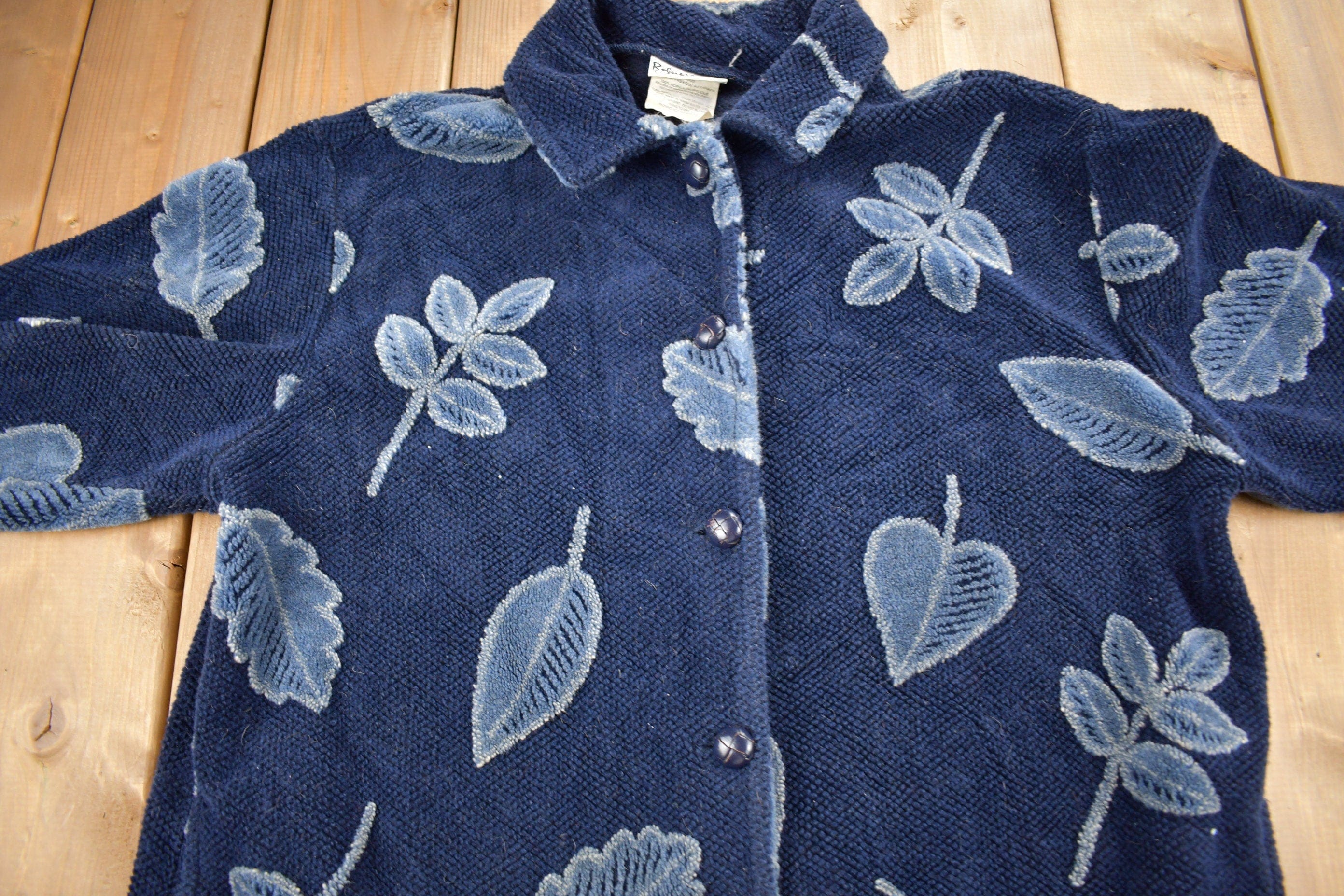 Vintage 1990s Robert Kitchen Leaves Theme All Over Print Fleece Sweater Men's Large - Image 3
