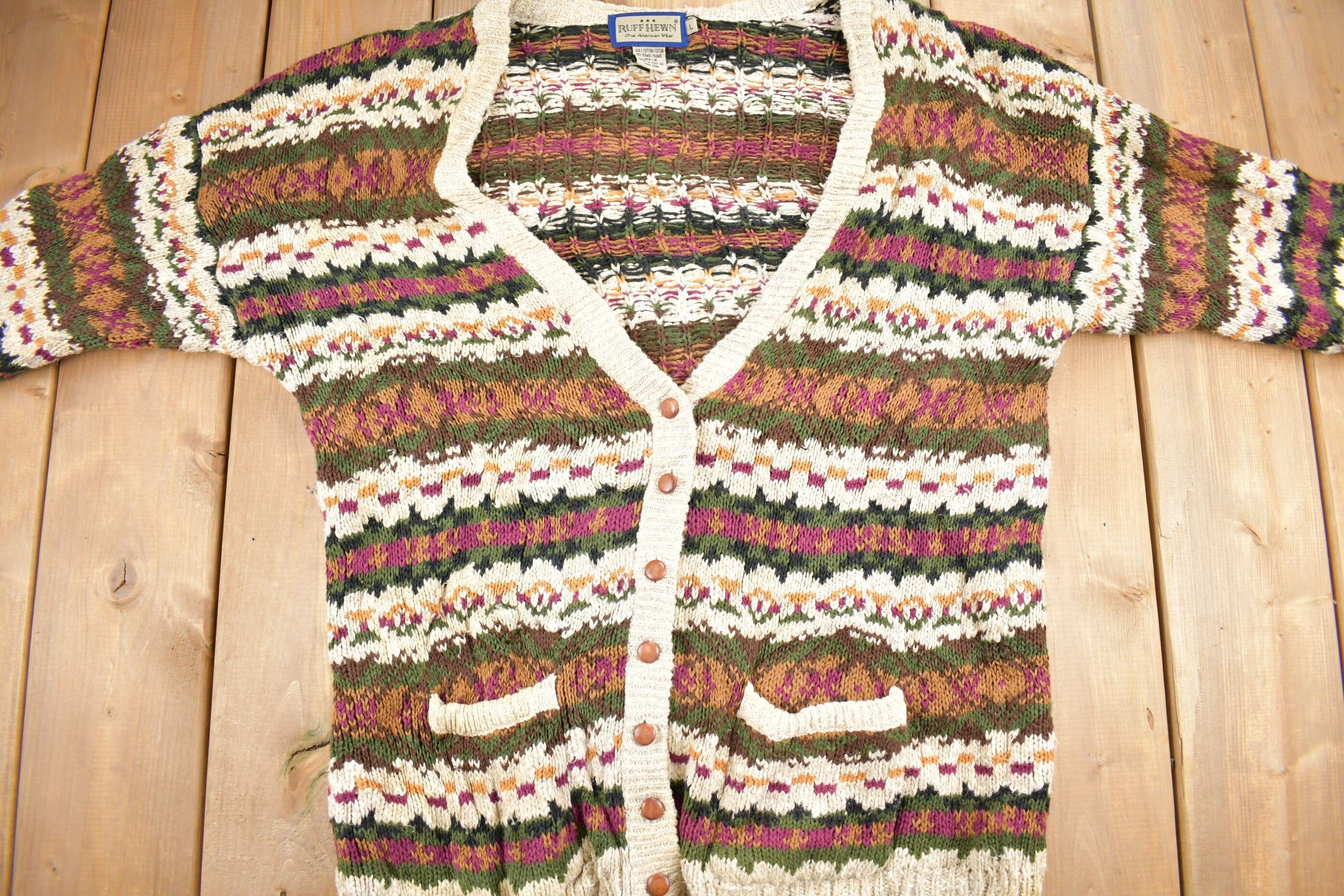 Vintage 1990s Ruff Hewn Striped Knit Cardigan Sweater Men's Large - Image 3