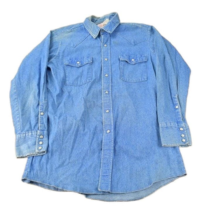 Vintage 1990s Saddle King Western Denim South Western Style Pearl Snap Button Up Rodeo Shirt Men's XL