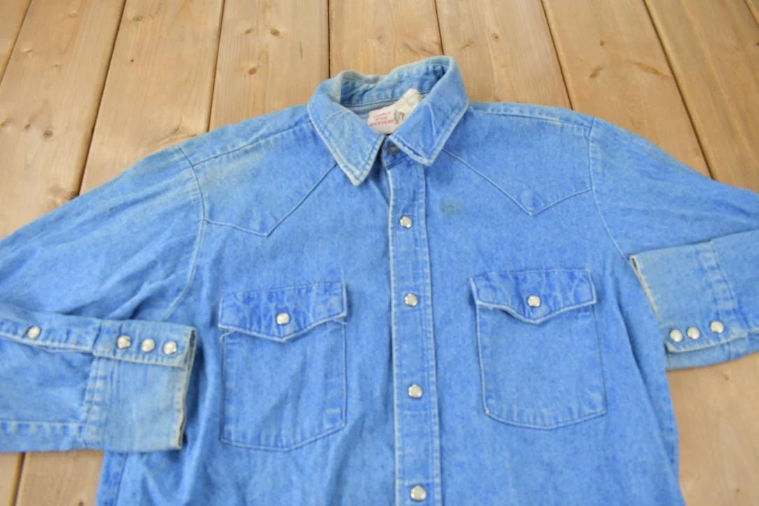 Vintage 1990s Saddle King Western Denim South Western Style Pearl Snap Button Up Rodeo Shirt Men's XL - Image 3