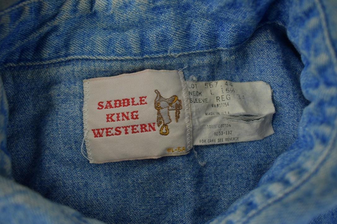 Vintage 1990s Saddle King Western Denim South Western Style Pearl Snap Button Up Rodeo Shirt Men's XL - Image 5