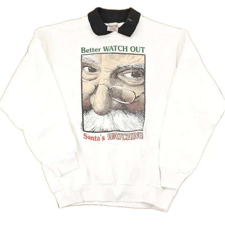 Vintage 1990s Santa's Coming Christmas Graphic Print Collared Sweatshirt Men's M