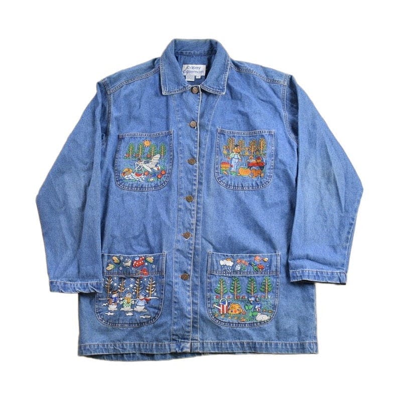 Vintage 1990s Seasons Embroidered Denim Chore Coat Men's Medium