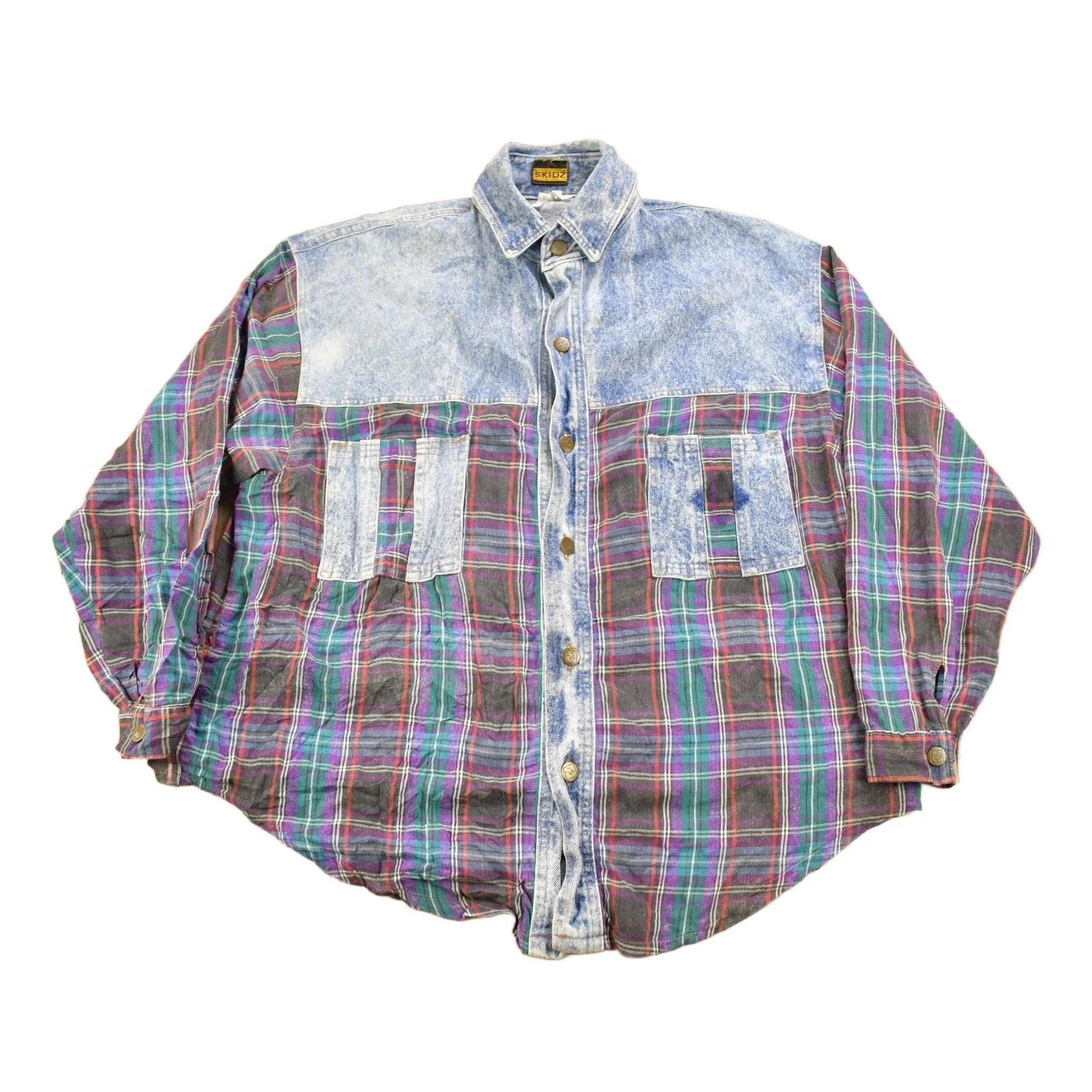 Vintage 1990s Skidz Denim Plaid Flannel Button Up Shirt Men's XL