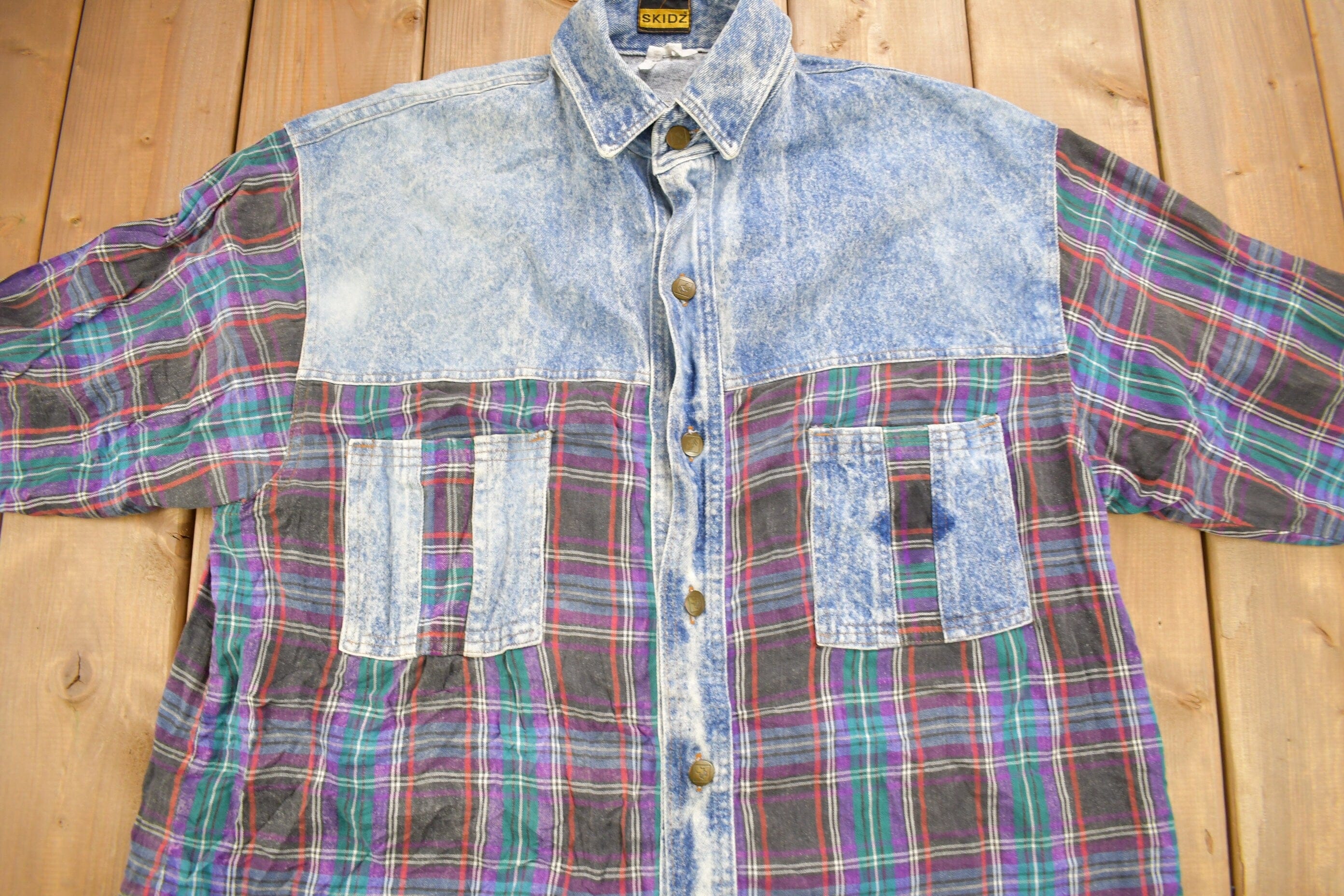 Vintage 1990s Skidz Denim Plaid Flannel Button Up Shirt Men's XL - Image 3