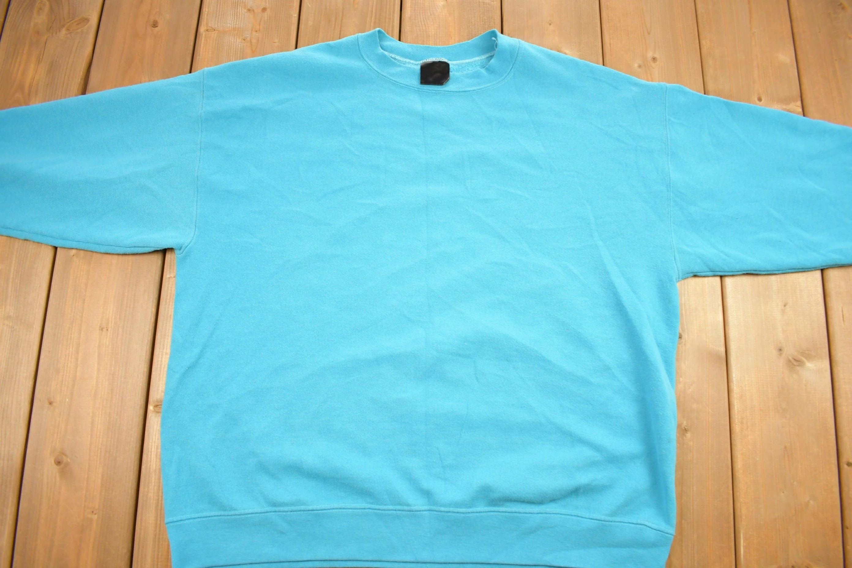 Vintage 1990s Sky Blue Blank Crewneck Sweatshirt Men's XL - Image 3