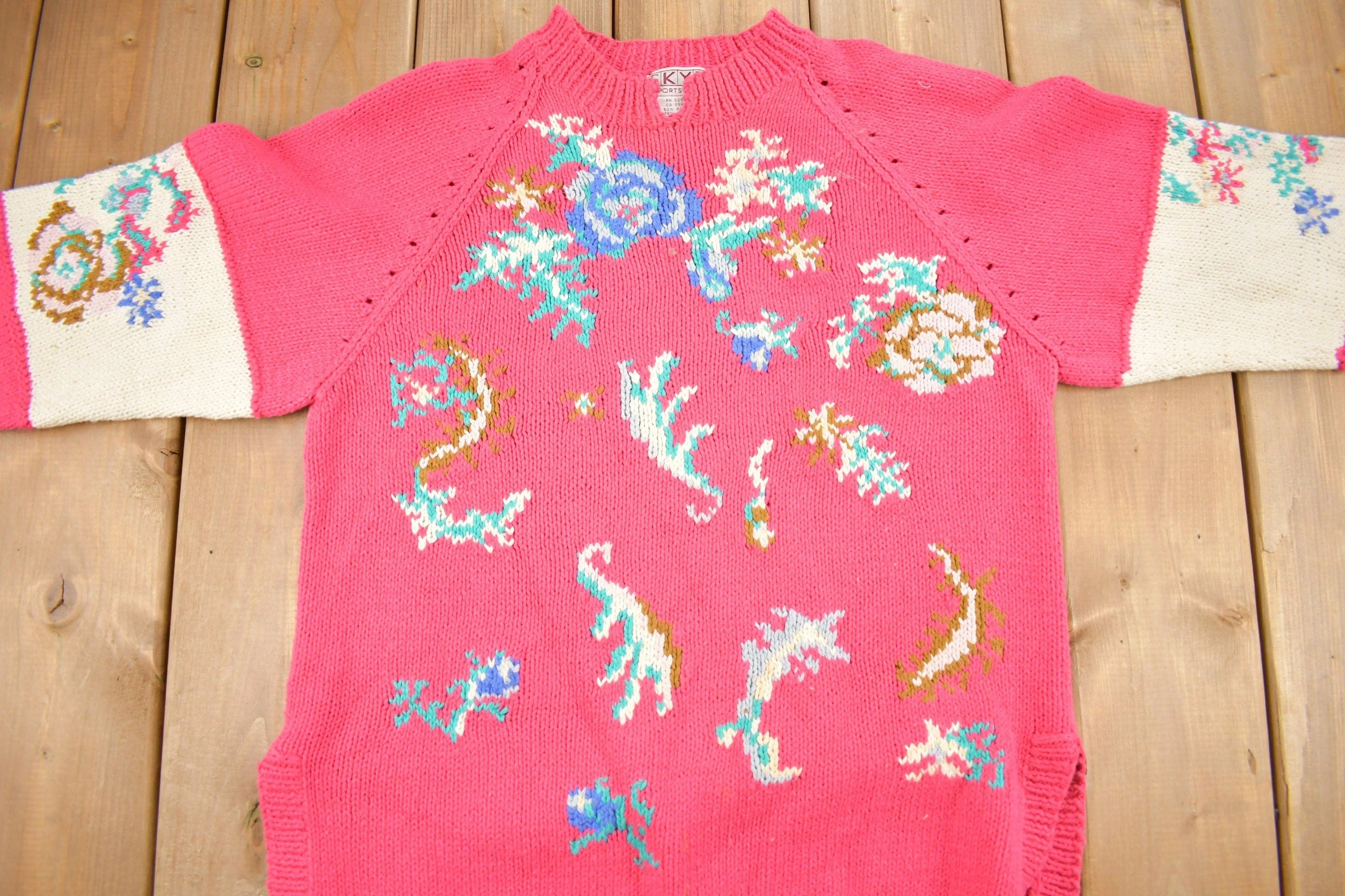 Vintage 1990s Skyr Sportswear Floral Knit Sweater Men's Medium - Image 3