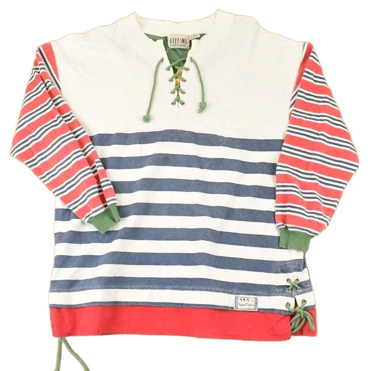 Vintage 1990s Stefani International Unique Striped Tie Up Crewneck Sweatshirt Mens M