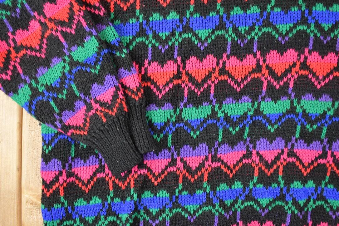 Vintage 1990s Stefano International AOP Rainbow Hearts Knit Crewneck Sweater Womens XL - Image 3