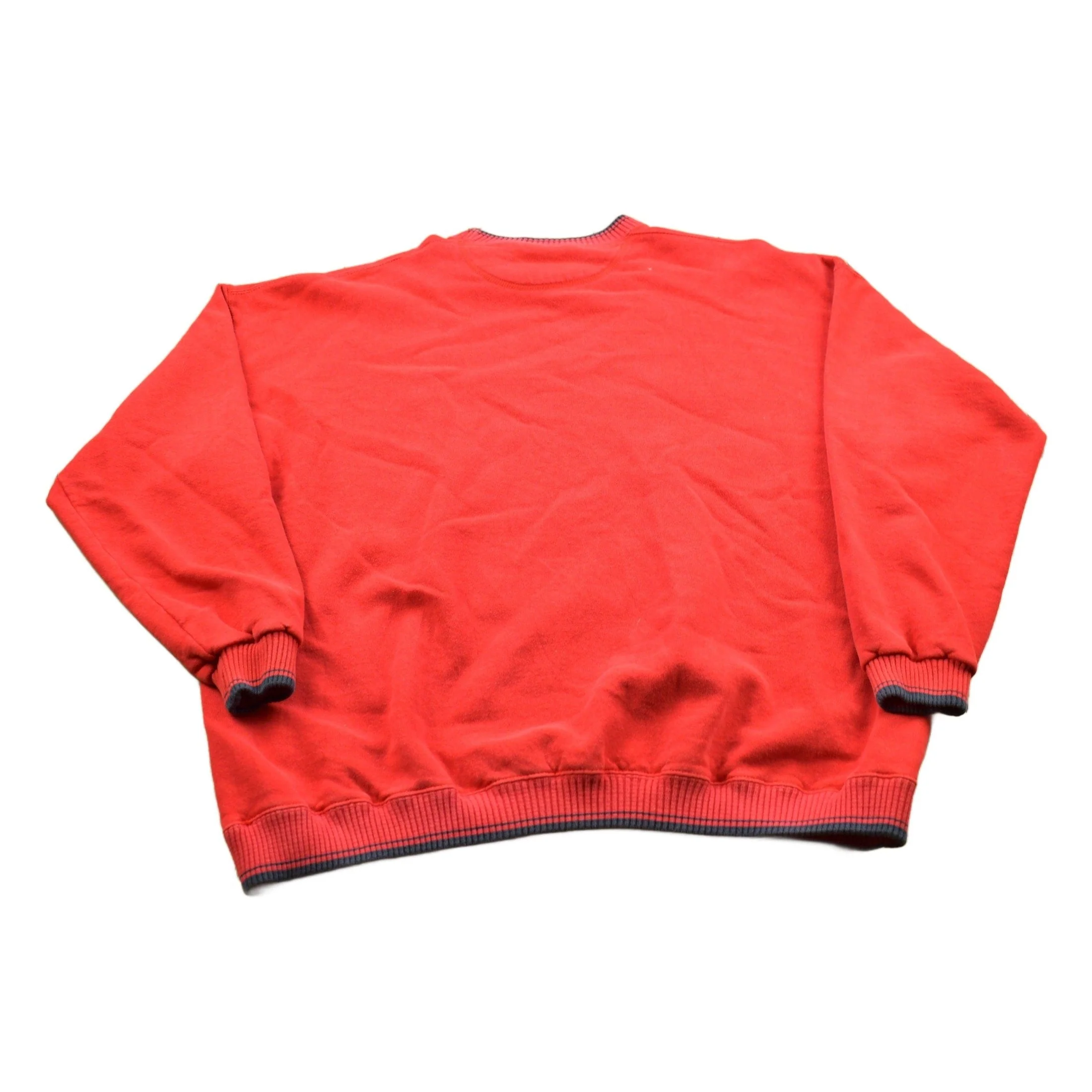 Vintage 1990s Striped Cuff Blank Red Crewneck Sweatshirt Men's 2XL - Image 2