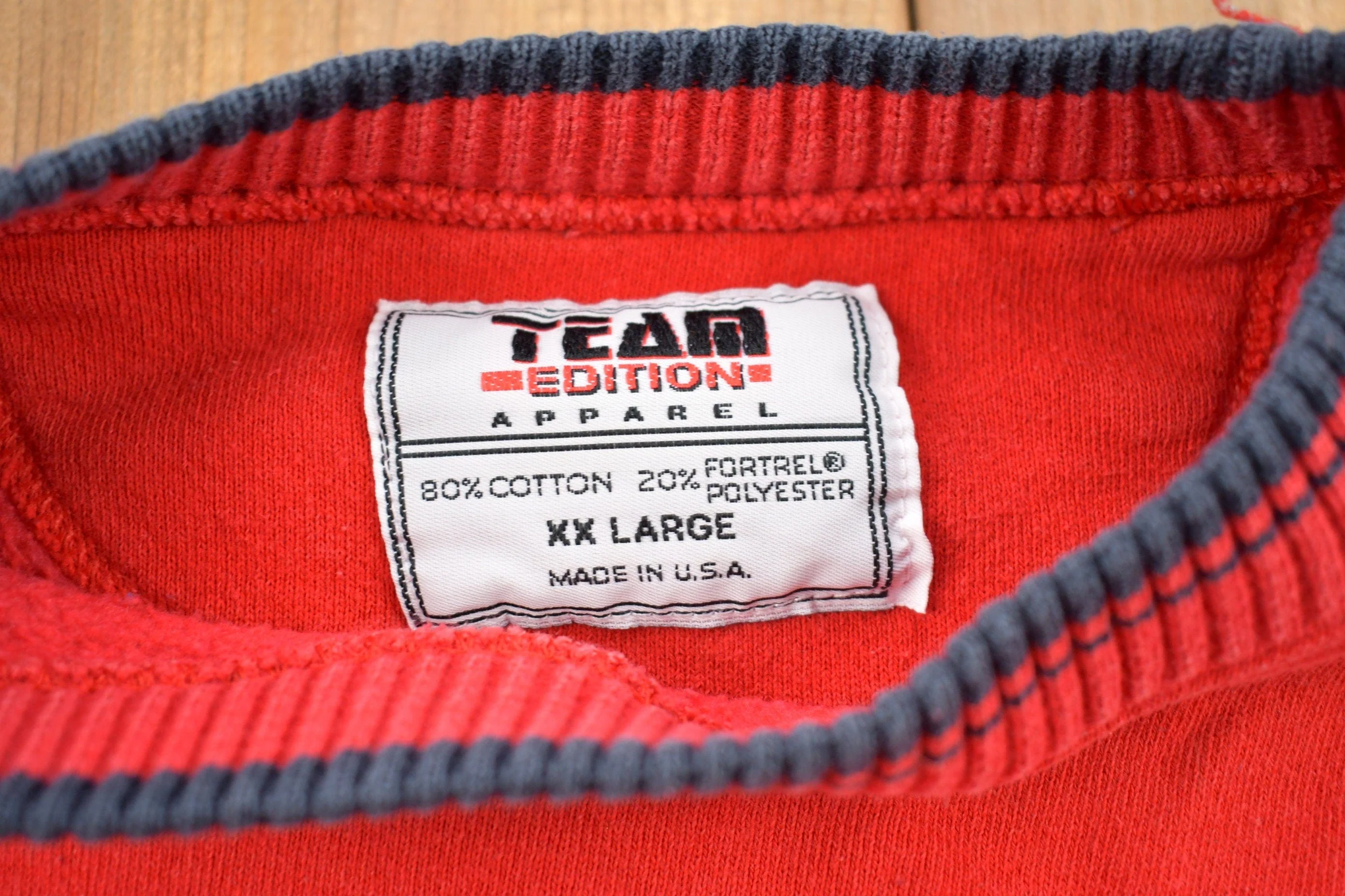 Vintage 1990s Striped Cuff Blank Red Crewneck Sweatshirt Men's 2XL - Image 3