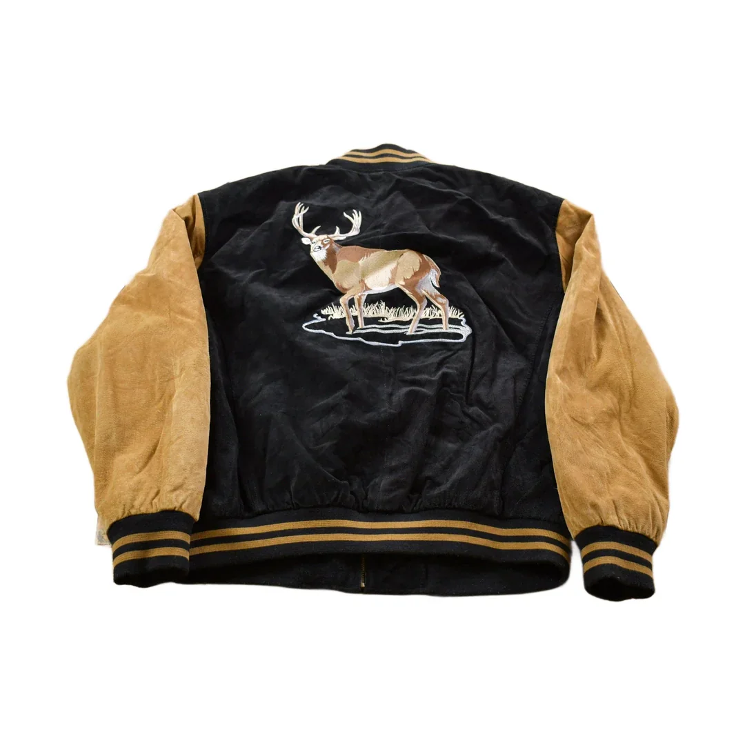Vintage 1990s Suede Leather Embroidered Deer Bomber Jacket Men's XL