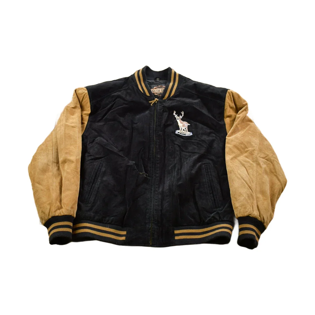 Vintage 1990s Suede Leather Embroidered Deer Bomber Jacket Men's XL - Image 2