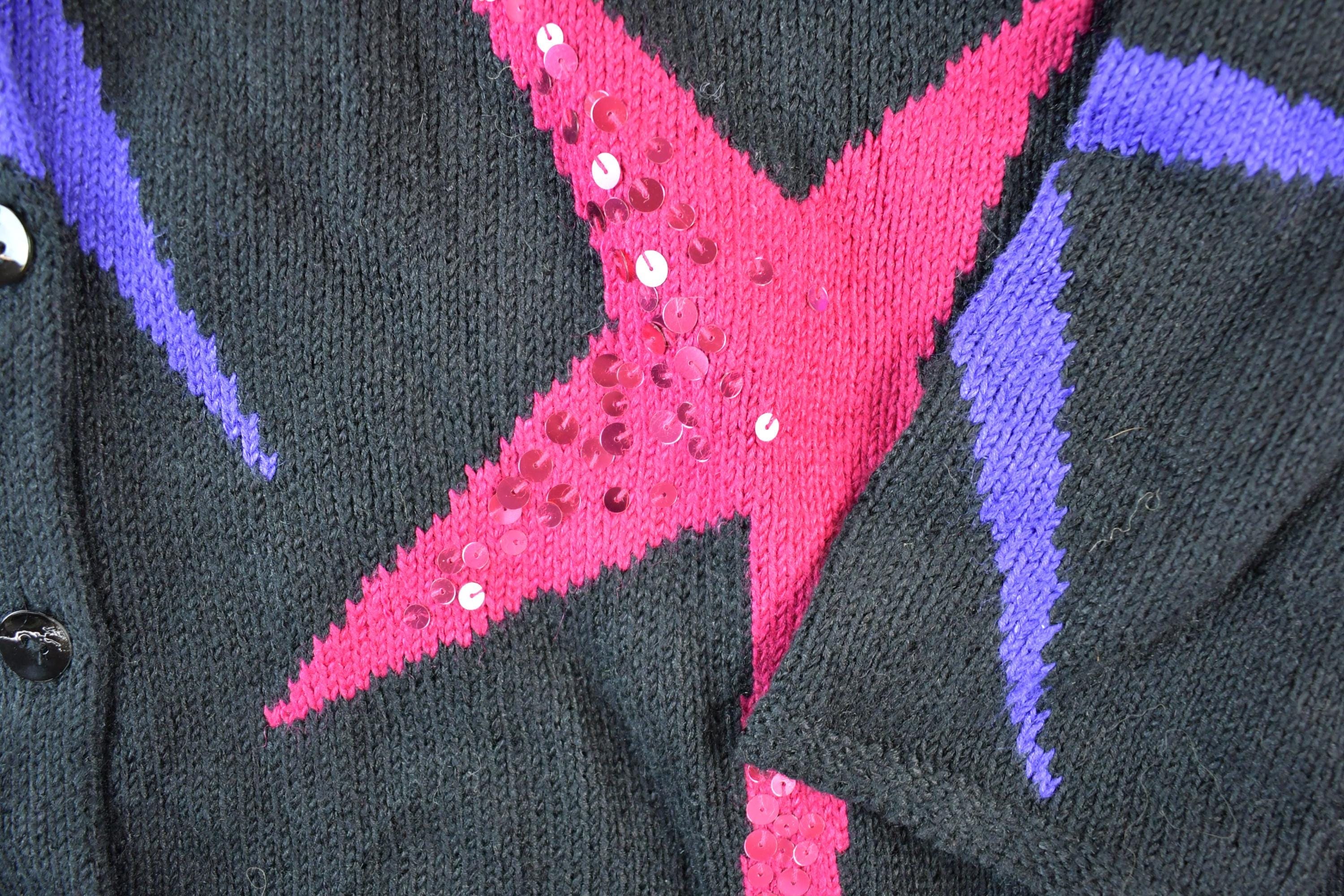 Vintage 1990s Susan Bristol Button Up Knit Sequin Star Pattern Crewneck Sweater Womens XL - Image 3