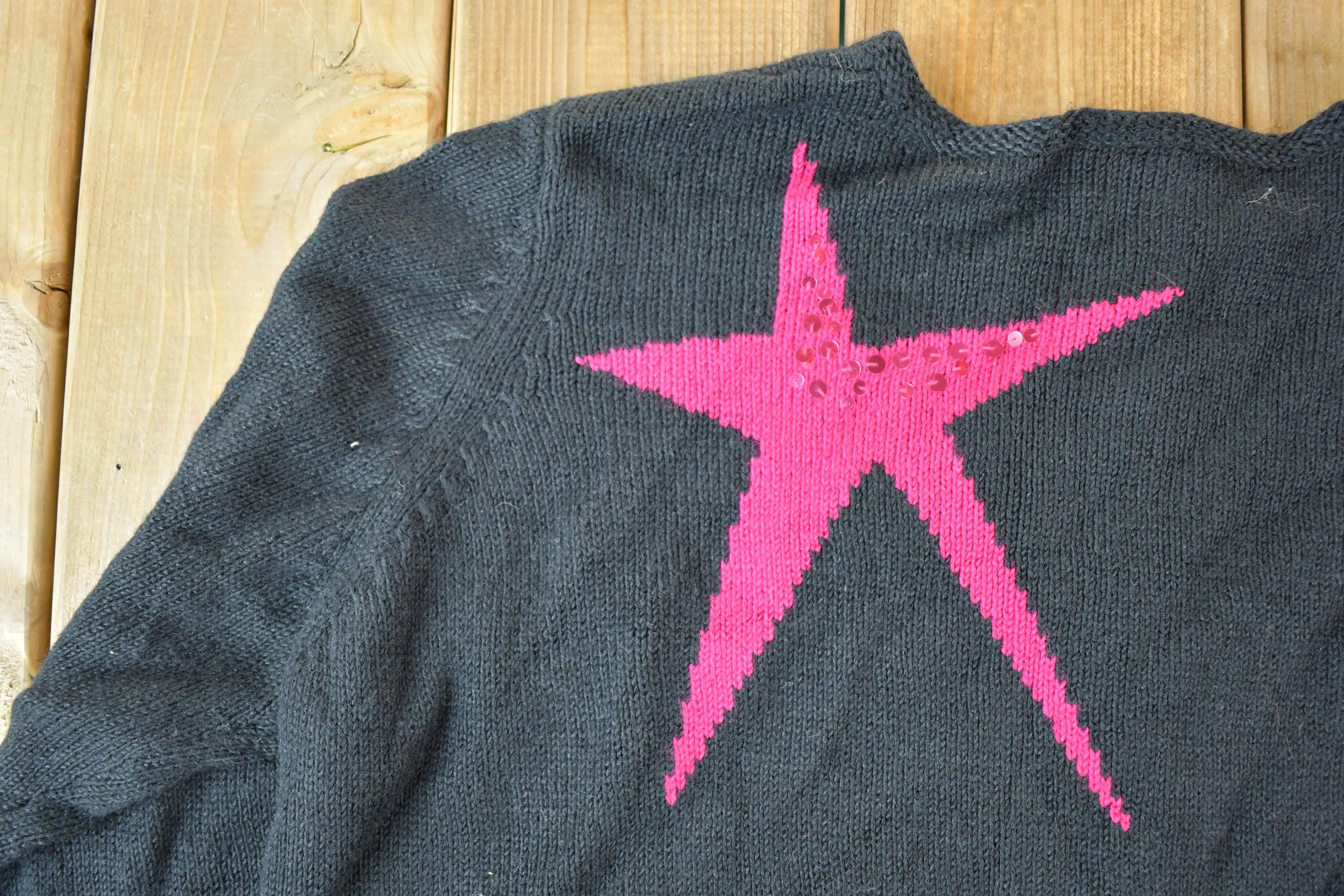 Vintage 1990s Susan Bristol Button Up Knit Sequin Star Pattern Crewneck Sweater Womens XL - Image 4