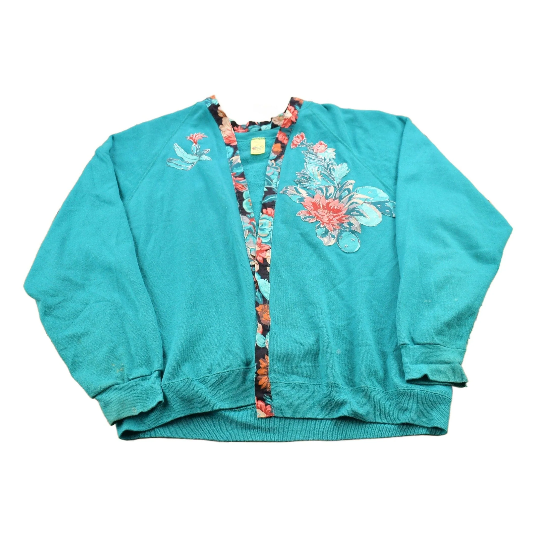Vintage 1990s Sweats Appeal Turquoise Floral Cardigan Sweater Women's M